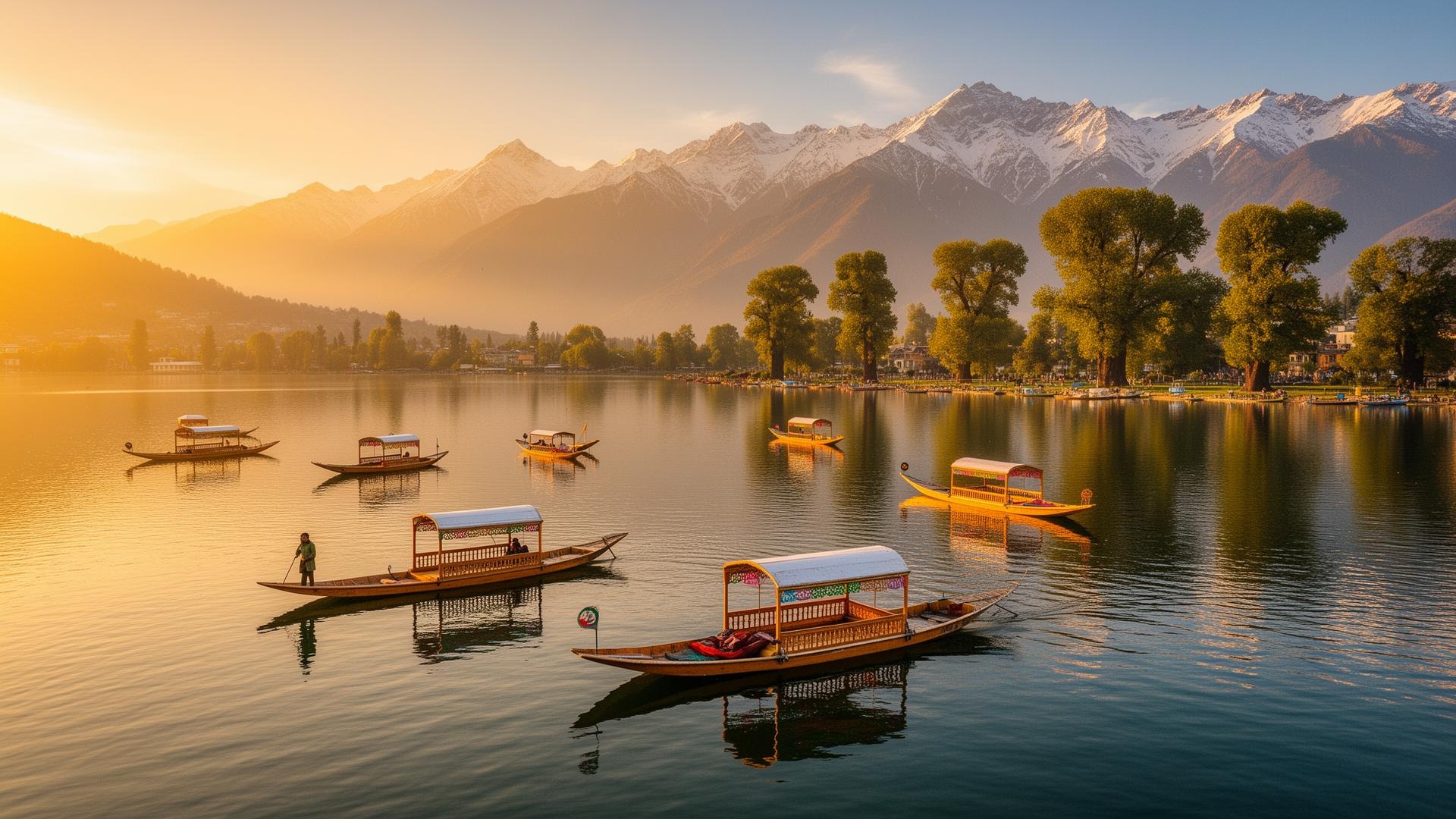 Dal Lake Srinagar Kashmir at golden hour with shikara boats